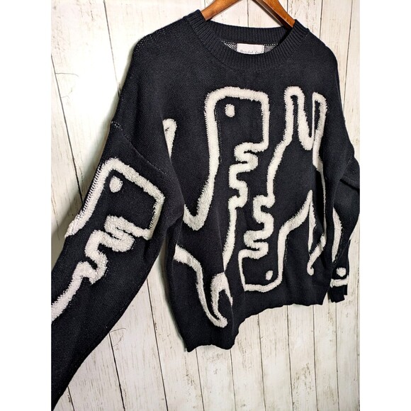 Black White Pixel Dinosaur Sweater XL Quirky Graphic Knit Cozy Geek Goth Cute - Picture 2 of 9